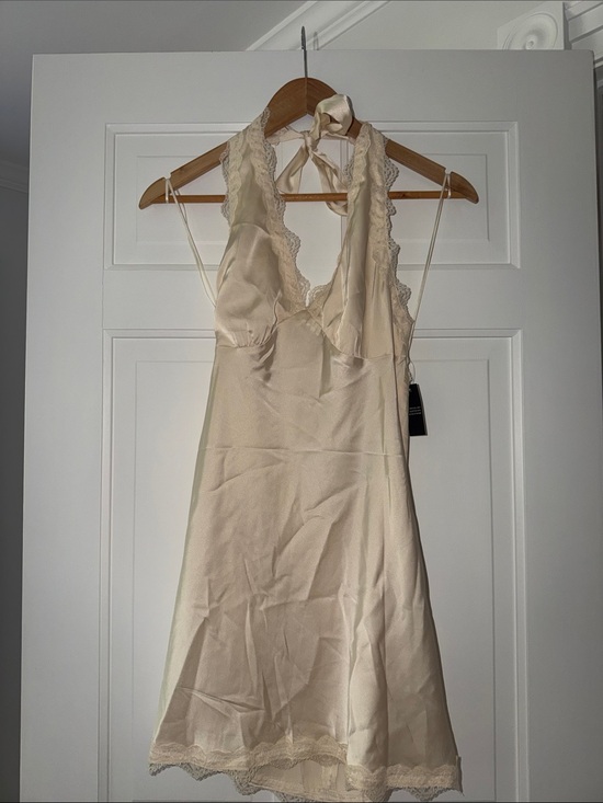 Lioness Dresses & Skirts - Lioness Cream Satin Halter Slip Dress with Lace Trim